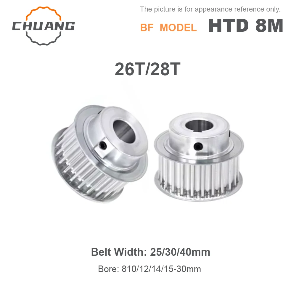 HTD 8M Synchronous Pulley 26T 28Teeth BF Type Bore 8/10/12/14/15~30mm Teeth Pitch 8 mm For Width 25/30/40mm 8M Timing Belt
HTD 8M Synchronous Pulley 26T 28Teeth BF Type Bore 8/10/12/14/15~30mm Teeth Pitch 8 mm For Width 25/30/40mm 8M Timing Belt