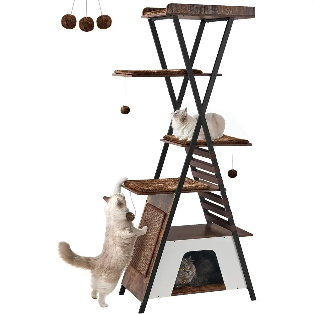 72.4 Multi-Level Cat Tower with Caves, Tree, Scratching Board, Wooden Perch, Removable Pads in Rustic Brown
72.4 Multi-Level Cat Tower with Caves, Tree, Scratching Board, Wooden Perch, Removable Pads in Rustic Brown
