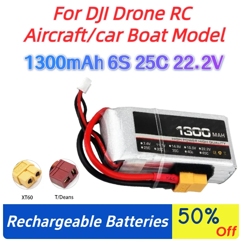 1300mAh 6S 25C 22.2V Lipo Battery with XT60/T for DJI Drone RC Aircraft/car Boat Model Accessories Rechargeable Li-Ion Batteries
1300mAh 6S 25C 22.2V Lipo Battery with XT60/T for DJI Drone RC Aircraft/car Boat Model Accessories Rechargeable Li-Ion Batteries
