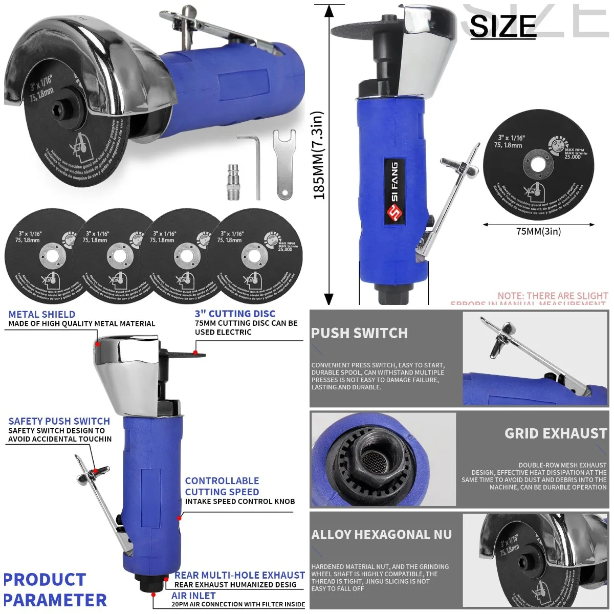 3 Inch Air Cut Off Tool, Equipped with 5-Pieces 3' Cutting Disc Set, Pneumatic Metal Sheet Cutting Tool,2000RPM
3 Inch Air Cut Off Tool, Equipped with 5-Pieces 3' Cutting Disc Set, Pneumatic Metal Sheet Cutting Tool,2000RPM