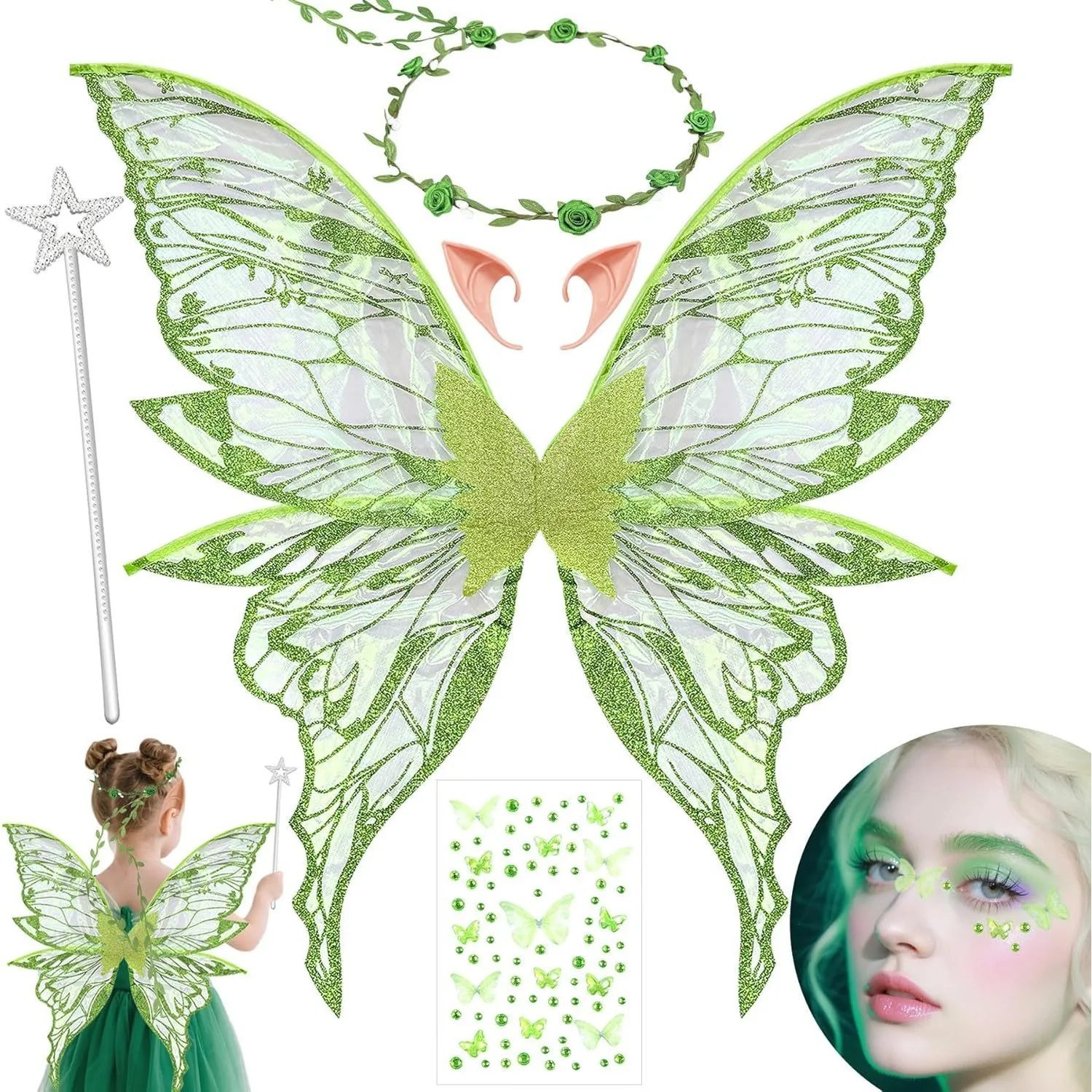 Fairy Wings Set for Adults & Kids - Green Butterfly Wings with Flower Crown, Perfect for Halloween & Cosplay
Fairy Wings Set for Adults & Kids - Green Butterfly Wings with Flower Crown, Perfect for Halloween & Cosplay
