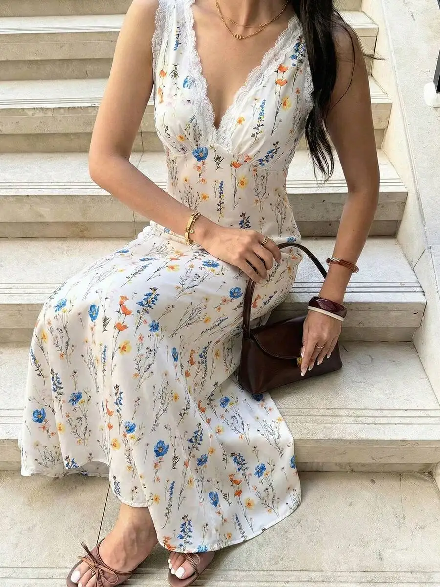Floral Print Satin Maxi Dress With Lace Trim V Neck Sleeveless Elegant Summer Vacation Dress
Floral Print Satin Maxi Dress With Lace Trim V Neck Sleeveless Elegant Summer Vacation Dress