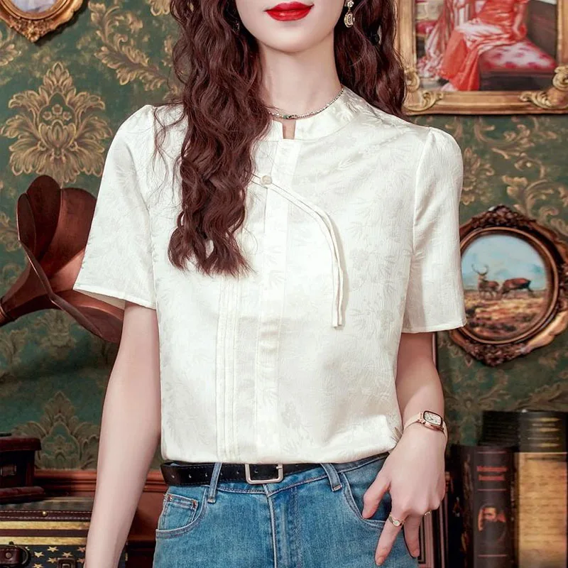 Camisas De Mujer New Summer Short Sleeve Women Blouse Shirt Stand Collar Jacquard Blouse Shirt Women Tops Blouses Shirts Q4066
Camisas De Mujer New Summer Short Sleeve Women Blouse Shirt Stand Collar Jacquard Blouse Shirt Women Tops Blouses Shirts Q4066