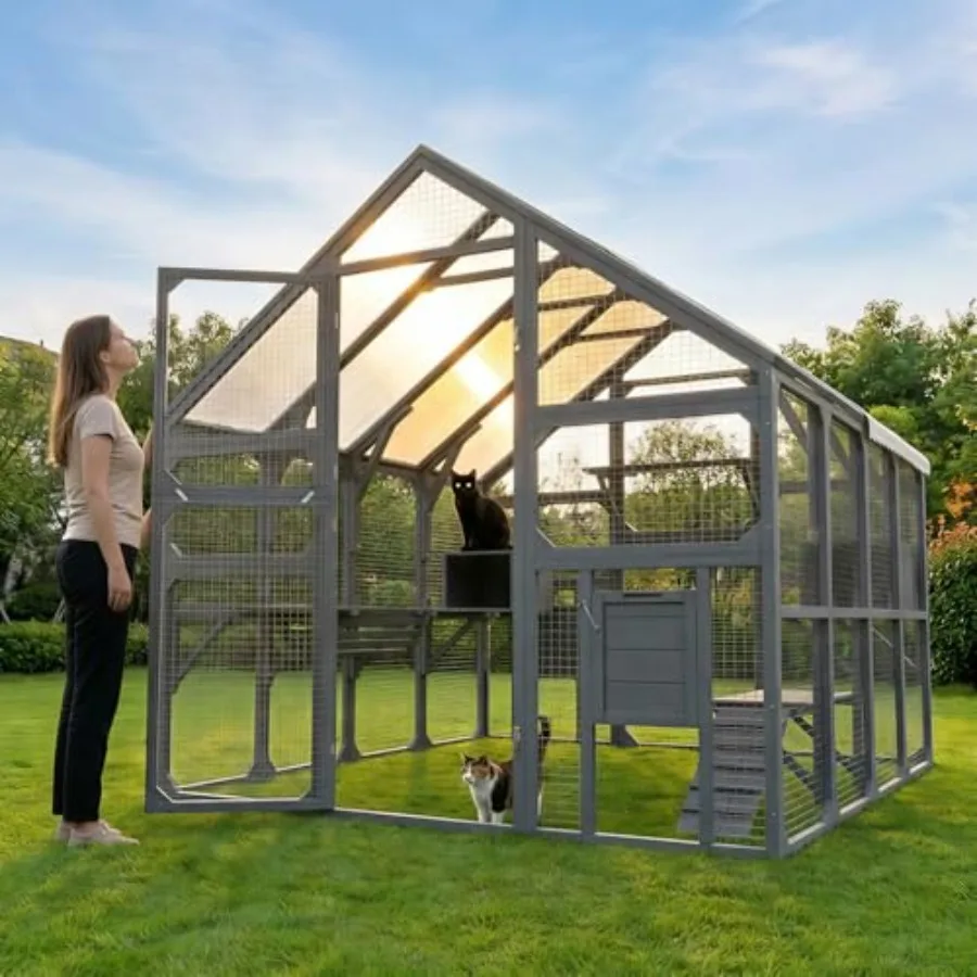 Large Walk-in Catio Outdoor Cat Enclosure 96"×74"×74", Wooden Cat House for Multiple Cats with 7 Platforms + 2 Condos + Bridge
Large Walk-in Catio Outdoor Cat Enclosure 96"×74"×74", Wooden Cat House for Multiple Cats with 7 Platforms + 2 Condos + Bridge