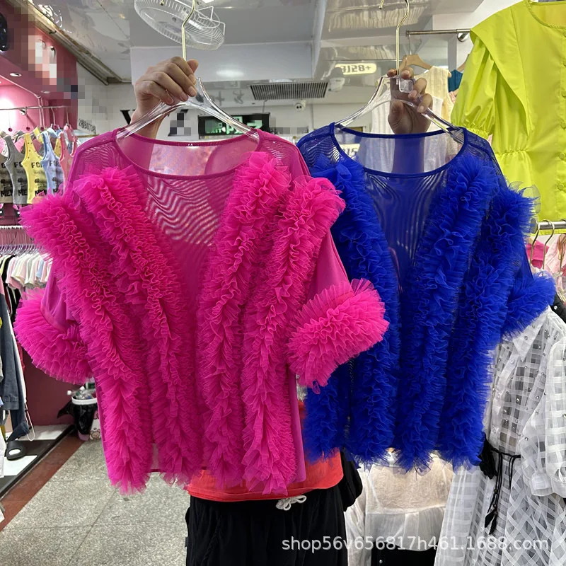 Summer Women Mesh Spliced Ruffles T-Shirts Black Gauze Pleated Edges Splicing Transparent Tees Net Yarn Ruched Crop Tops 2025
Summer Women Mesh Spliced Ruffles T-Shirts Black Gauze Pleated Edges Splicing Transparent Tees Net Yarn Ruched Crop Tops 2025