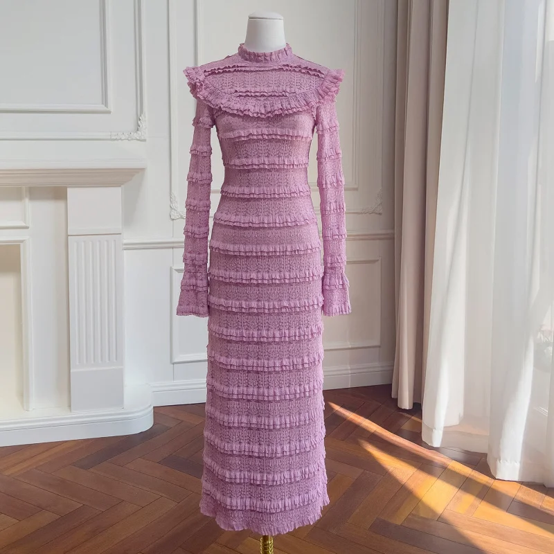 Gentle Style Ruffled Lace Long Dress Half-High Collar Slim-Fit Dress
Gentle Style Ruffled Lace Long Dress Half-High Collar Slim-Fit Dress
