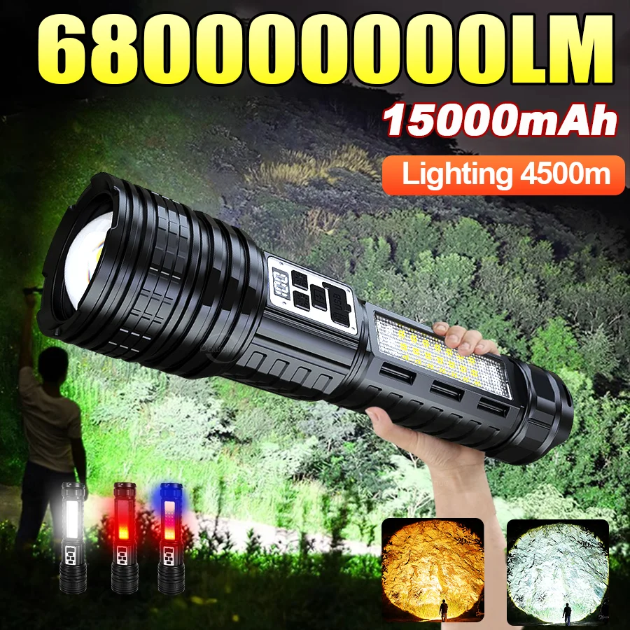 680000000LM Most Powerful LED Flashlight Rechargeable Type-c Flashlight Long Shot 4500M Tactical Torch Light For Fishing Hunting
680000000LM Most Powerful LED Flashlight Rechargeable Type-c Flashlight Long Shot 4500M Tactical Torch Light For Fishing Hunting