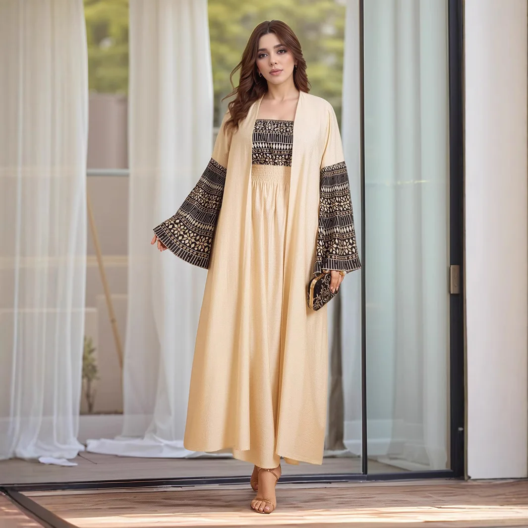 Middle East Muslim 2pcs Clothes Set Flare-sleeved Cardigan Robe + Printed Strap Tank Dress
Middle East Muslim 2pcs Clothes Set Flare-sleeved Cardigan Robe + Printed Strap Tank Dress