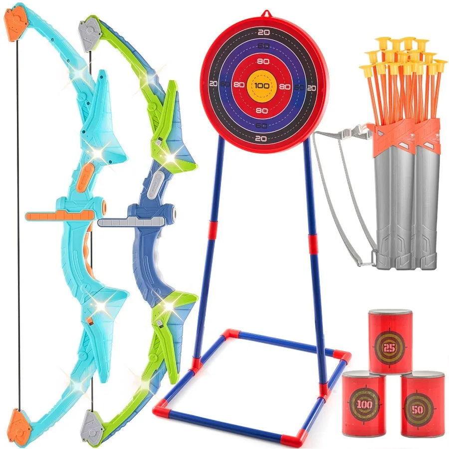 Bow and Arrow Set for 2 Pack LED Light Up Archery Set with 20 Suction Cup Arrows Standing Target 2 Quivers 3 Target Cans Outdo
Bow and Arrow Set for 2 Pack LED Light Up Archery Set with 20 Suction Cup Arrows Standing Target 2 Quivers 3 Target Cans Outdo