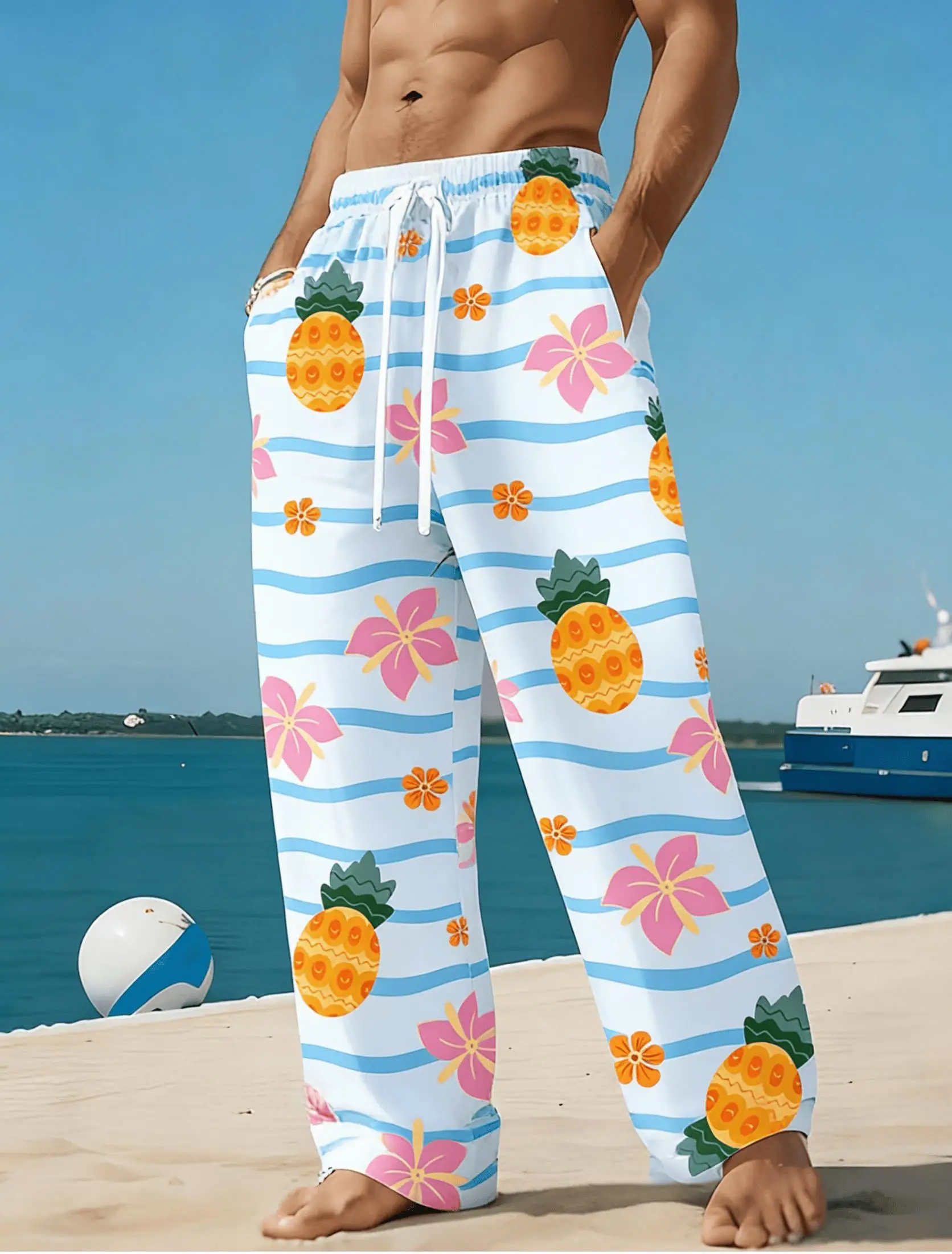 Men's Tropical Pineapple Floral Beach Pants, Mid Waist Drawstring, Casual Hawaiian Vacation Trousers
Men's Tropical Pineapple Floral Beach Pants, Mid Waist Drawstring, Casual Hawaiian Vacation Trousers