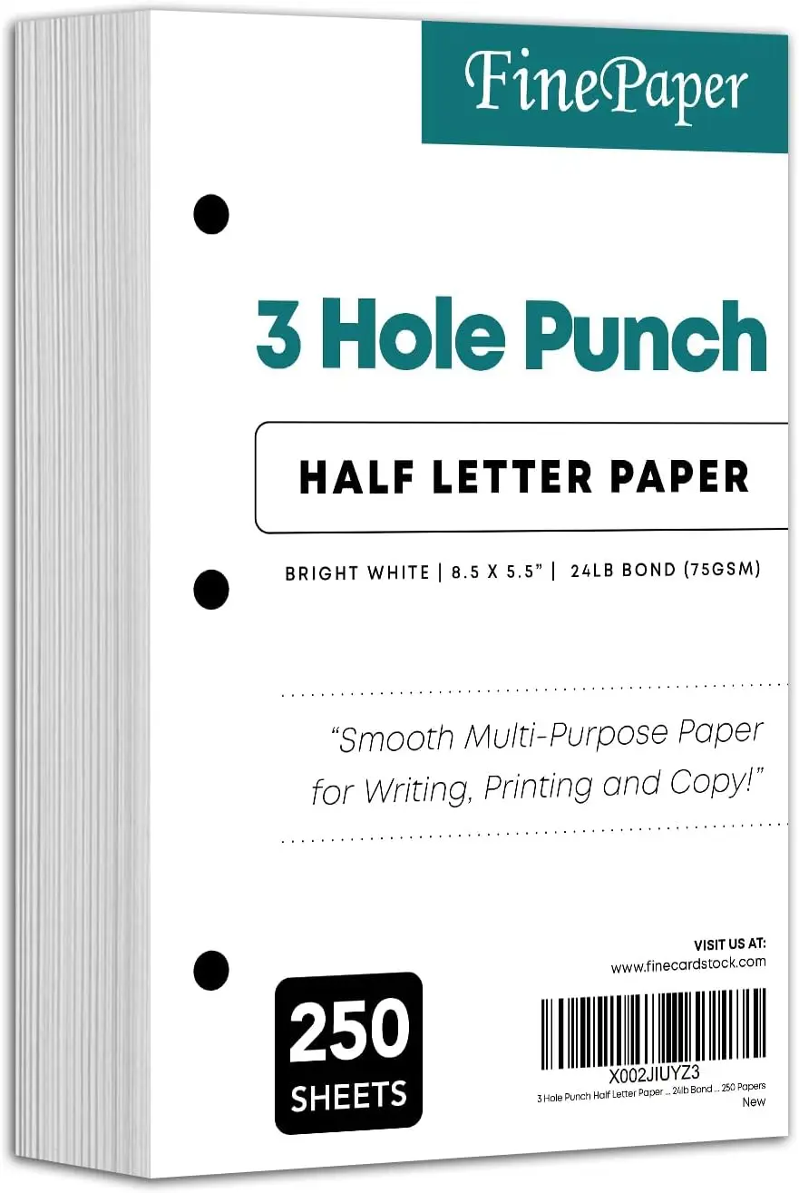 Pre-Punched Half Letter Paper 8.5x5.5 for 3 Ring Binders, 24lb Bond 90 GSM, 250 Sheets
Pre-Punched Half Letter Paper 8.5x5.5 for 3 Ring Binders, 24lb Bond 90 GSM, 250 Sheets