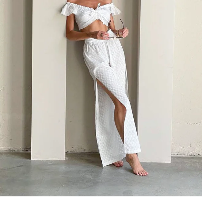 Sexy Matching Sets Lace Short Sleeves Sexy One Shoulder Short Sleeve Top High Waist Loose Slit Pants Set Summer Elegant Pant Set
Sexy Matching Sets Lace Short Sleeves Sexy One Shoulder Short Sleeve Top High Waist Loose Slit Pants Set Summer Elegant Pant Set