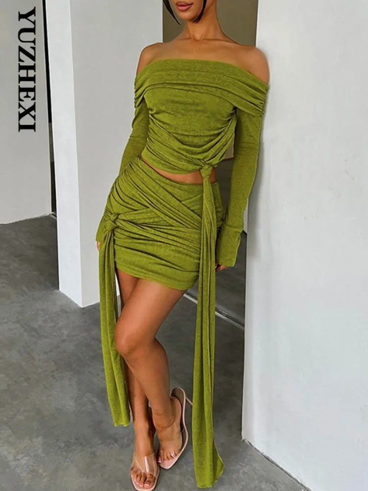 YUZHEXI Ribbon Crossover Women Two Piece Set Strapless Long Sleeve Crop Top and Mini Skirt Straps Bandage Dress Suit Green
YUZHEXI Ribbon Crossover Women Two Piece Set Strapless Long Sleeve Crop Top and Mini Skirt Straps Bandage Dress Suit Green