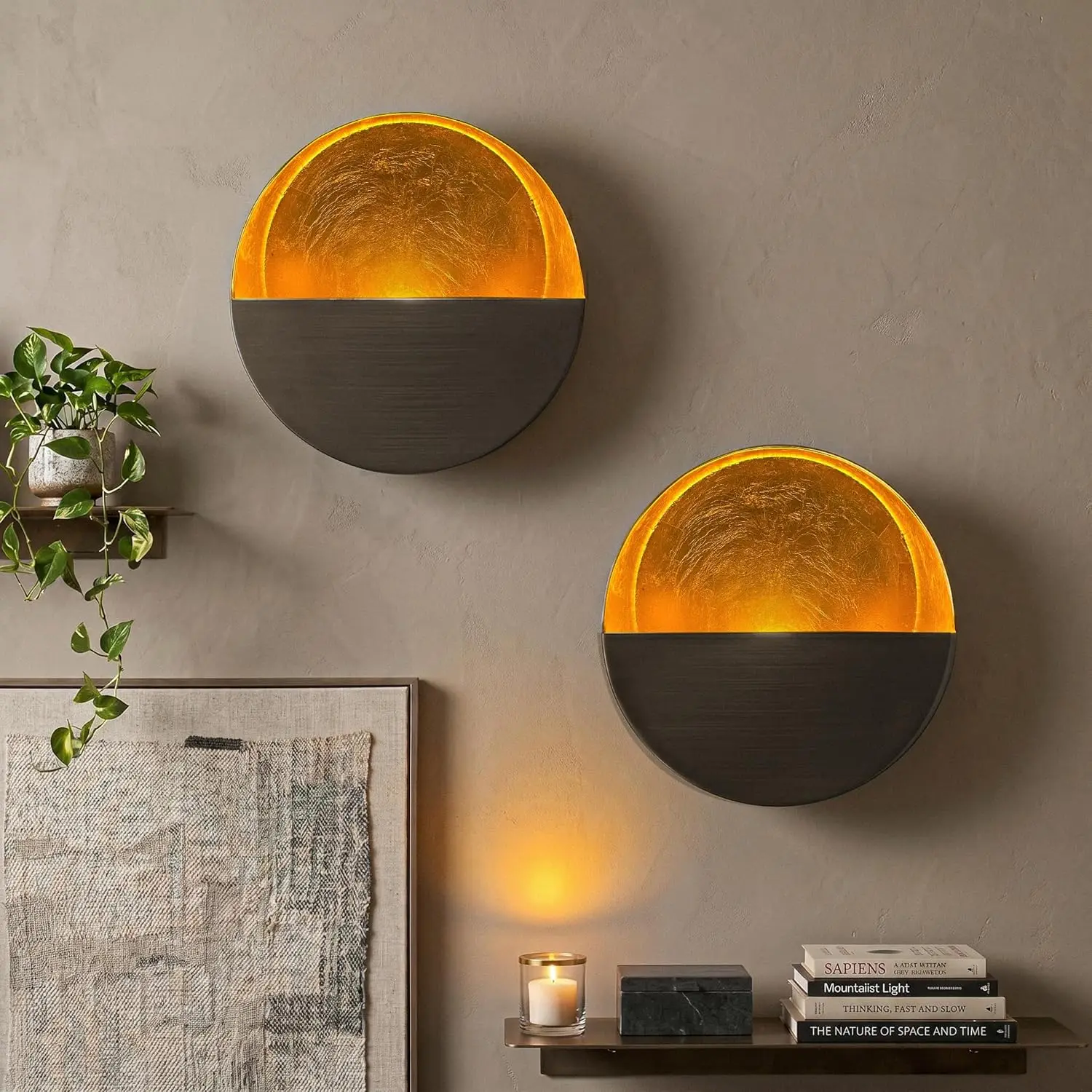 Eclipse Wall Candle Sconces Set of 2 – 6.5" Round Metal Tea Light Holders with Gold Leaf Interior, Antique Nickel Finish for Bedroom, Hallway, Bathroom
Eclipse Wall Candle Sconces Set of 2 – 6.5" Round Metal Tea Light Holders with Gold Leaf Interior, Antique Nickel Finish for Bedroom, Hallway, Bathroom
