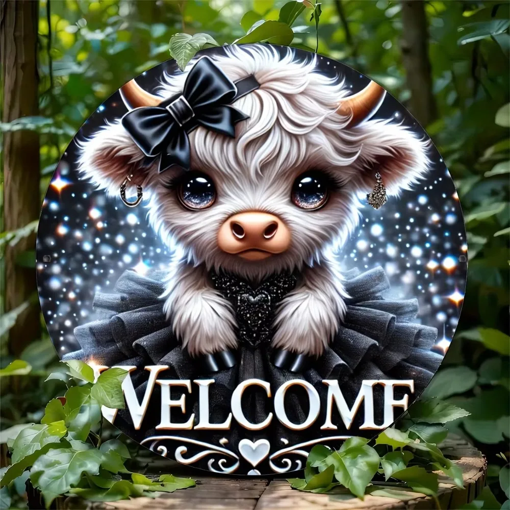 Highland Cow Welcome Sign | 1-Piece Round Metal Tin Plate Farmhouse Decor with Shimmering Eyes & Black Mesh Skirt Accents
Highland Cow Welcome Sign | 1-Piece Round Metal Tin Plate Farmhouse Decor with Shimmering Eyes & Black Mesh Skirt Accents