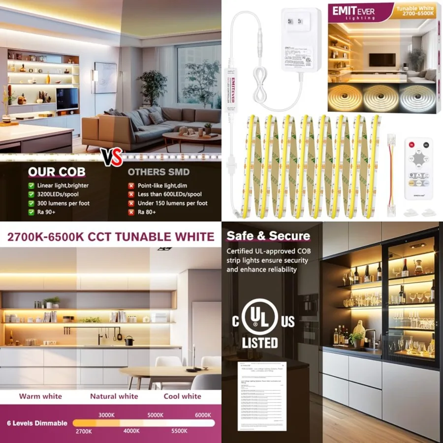 COB LED Strip Light Tunable White 2700K-6500K, Dimmable CCT 24V LED Tape Light Kit 16.4ft, High Density 3200LEDs CRI90+, for Ki
COB LED Strip Light Tunable White 2700K-6500K, Dimmable CCT 24V LED Tape Light Kit 16.4ft, High Density 3200LEDs CRI90+, for Ki