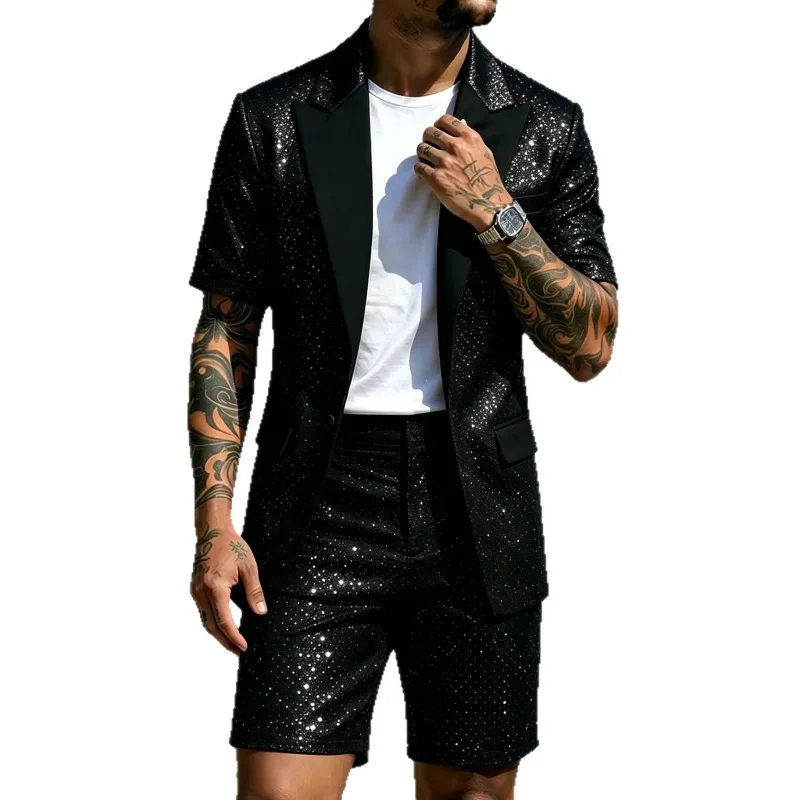 Man Summer 2-piece Outfit Patchwork Short Sleeve Blazer Male Straight-leg Shorts Men Sequins Wedding Party Suit Set
Man Summer 2-piece Outfit Patchwork Short Sleeve Blazer Male Straight-leg Shorts Men Sequins Wedding Party Suit Set