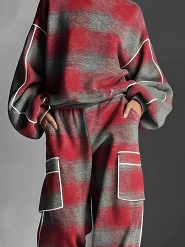 Повседневный пуловер с круглым вырезом и длинными рукавами, комплект с длинными брюками, женская модная спортивная одежда в клетку с принтом, элегантный свободный костюм из 2 предметов с карманами
Повседневный пуловер с круглым вырезом и длинными рукавами, комплект с длинными брюками, женская модная спортивная одежда в клетку с принтом, элегантный свободный костюм из 2 предметов с карманами