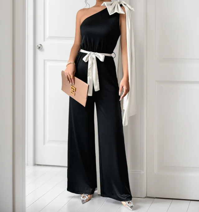 New classic black and white contrasting bow tie single shoulder high waist straight leg jumpsuit pants
New classic black and white contrasting bow tie single shoulder high waist straight leg jumpsuit pants