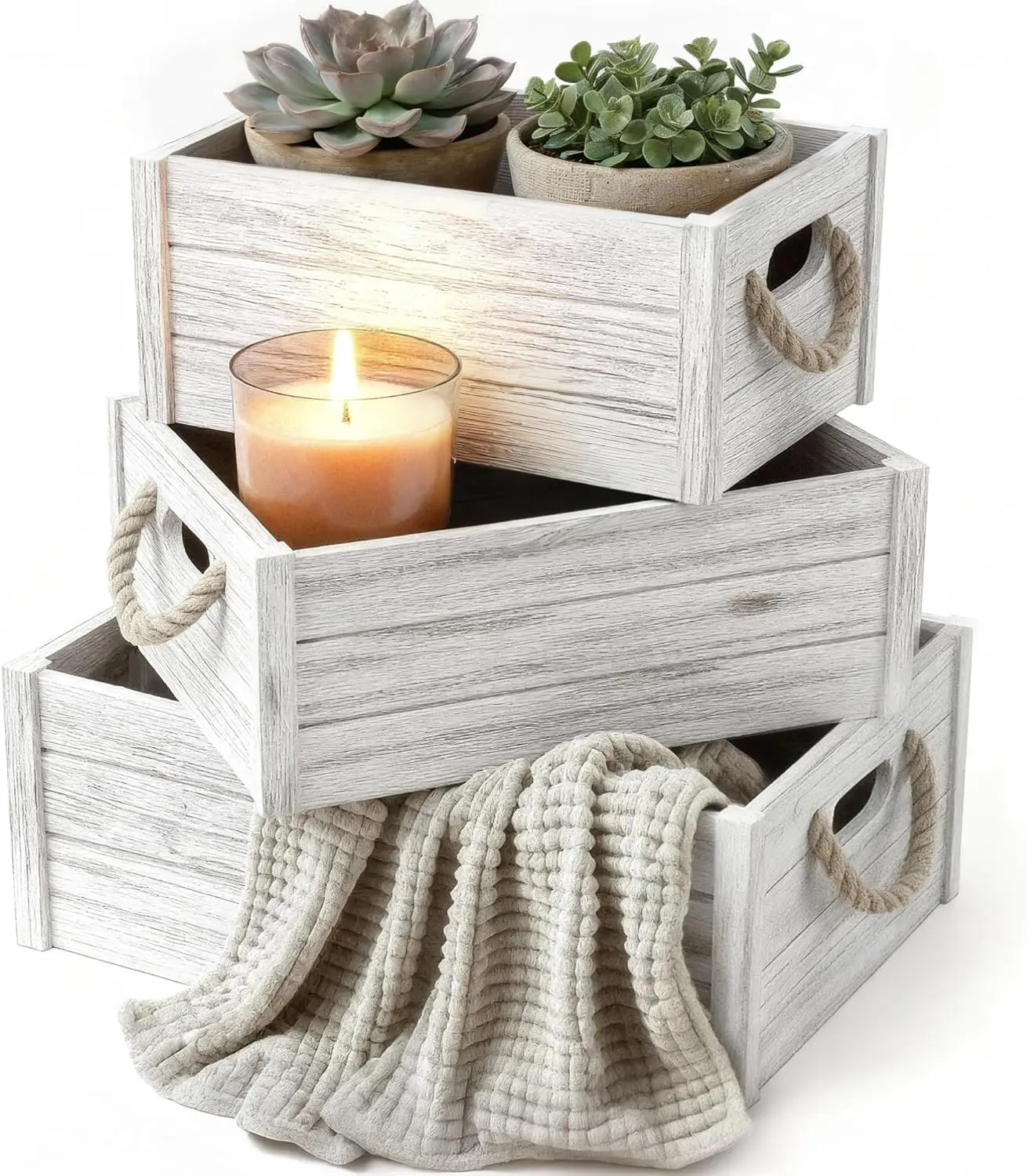 Set of 3 Rustic Nested Wooden Crates with Rope Handles - Farmhouse Storage Boxes for Kitchen, Living Room & Bathroom
Set of 3 Rustic Nested Wooden Crates with Rope Handles - Farmhouse Storage Boxes for Kitchen, Living Room & Bathroom