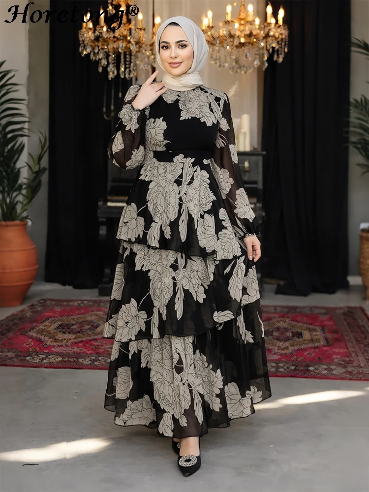 Horetong Muslim Abaya L-3XL Women Chiffon Floral Print Tiered Ruffle Long Sleeve Modest Islamic Elegant Evening Party Maxi Dress
Horetong Muslim Abaya L-3XL Women Chiffon Floral Print Tiered Ruffle Long Sleeve Modest Islamic Elegant Evening Party Maxi Dress