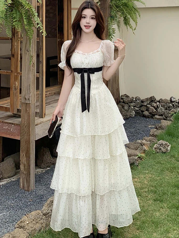 2026 White Polka Dot Chic Bow Bandage Long Dress Women Elegant Ruffled Casual Dress Summer Puff Sleeve Square Collar Home Dress
2026 White Polka Dot Chic Bow Bandage Long Dress Women Elegant Ruffled Casual Dress Summer Puff Sleeve Square Collar Home Dress