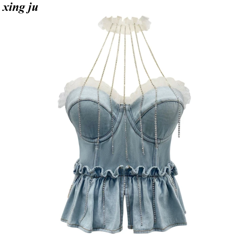 Xing Ju Nightclub Hot Girls Blue Lace Chain Halter Crop Tops Women Jazz Dance Costume Summer Sexy Backless Vest Stage Show Wear
Xing Ju Nightclub Hot Girls Blue Lace Chain Halter Crop Tops Women Jazz Dance Costume Summer Sexy Backless Vest Stage Show Wear