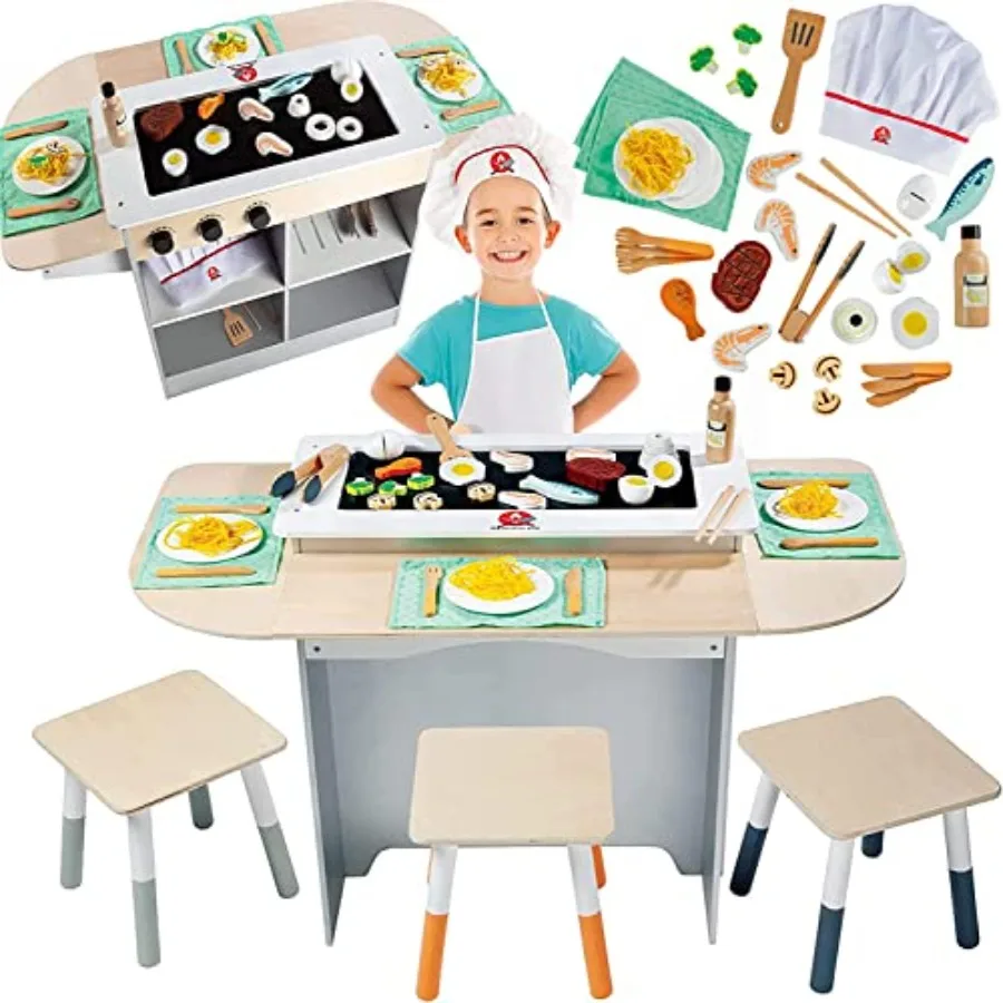 Hibachi Grill Wooden Playset with Stools, Table Settings, 25+ Toy Food Pieces in Natural Wood ColorDurable, Eco-Friendly Preten
Hibachi Grill Wooden Playset with Stools, Table Settings, 25+ Toy Food Pieces in Natural Wood ColorDurable, Eco-Friendly Preten