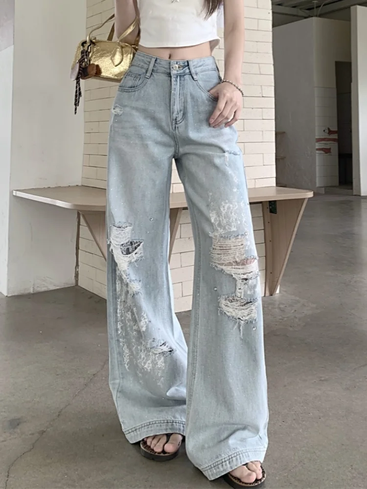 New Fashion Lace hollow out drilling ripped jeans for summer high waist loose slimming wide leg straight leg pants
New Fashion Lace hollow out drilling ripped jeans for summer high waist loose slimming wide leg straight leg pants