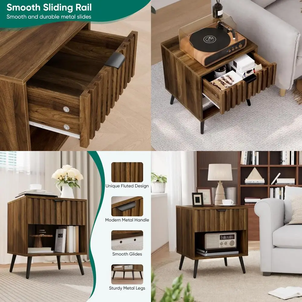 Walnut Wooden Night Stand, Mid Century Nightstand with Fluted Drawer, Bedside Table with Open Shelf, Modern End Side Table for B
Walnut Wooden Night Stand, Mid Century Nightstand with Fluted Drawer, Bedside Table with Open Shelf, Modern End Side Table for B