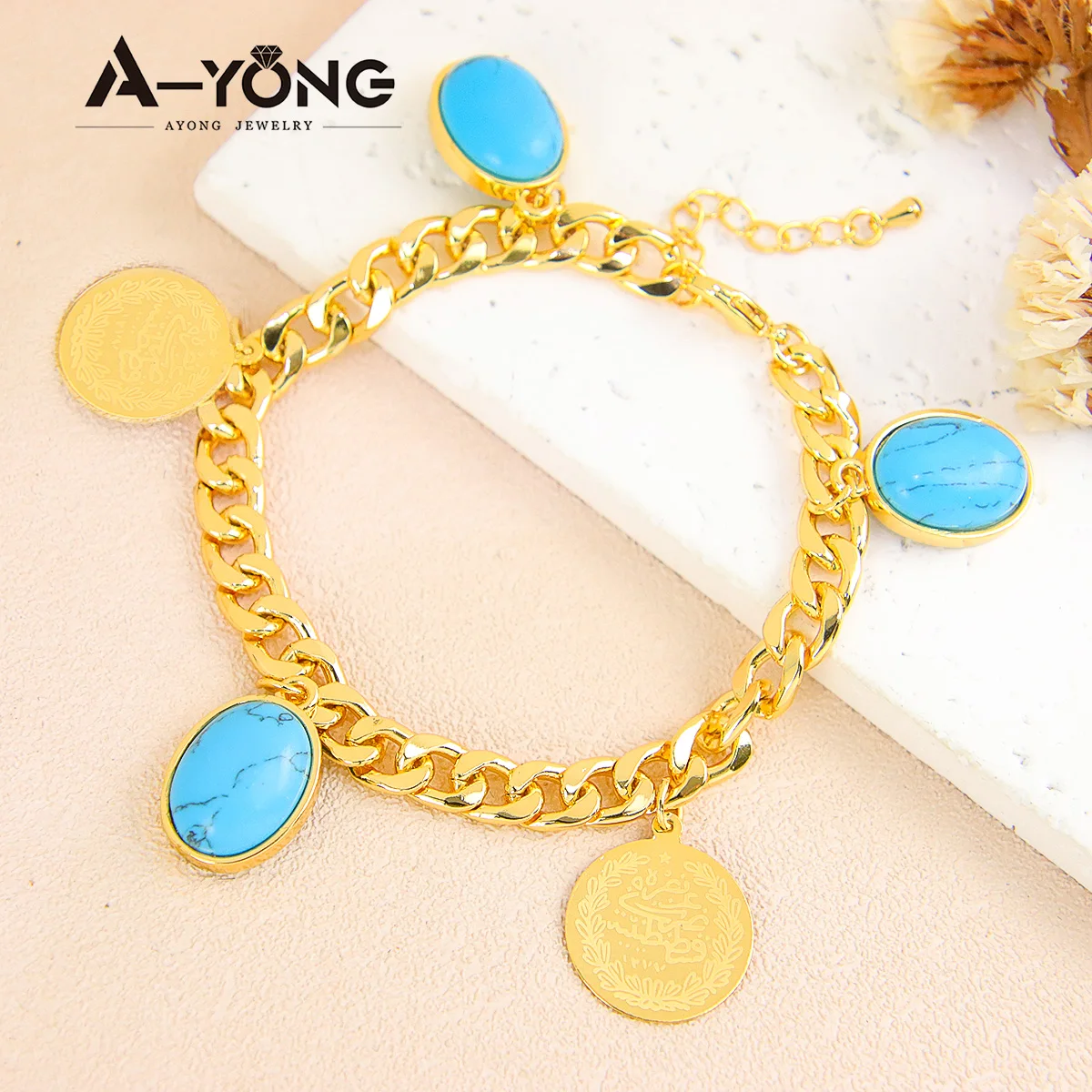 New Dubai Gold Color Bracelet With Turquoise 18k Gold Plated Turkish Coins Elegant Charm Bangles for Woman Party Event Jewelry
New Dubai Gold Color Bracelet With Turquoise 18k Gold Plated Turkish Coins Elegant Charm Bangles for Woman Party Event Jewelry