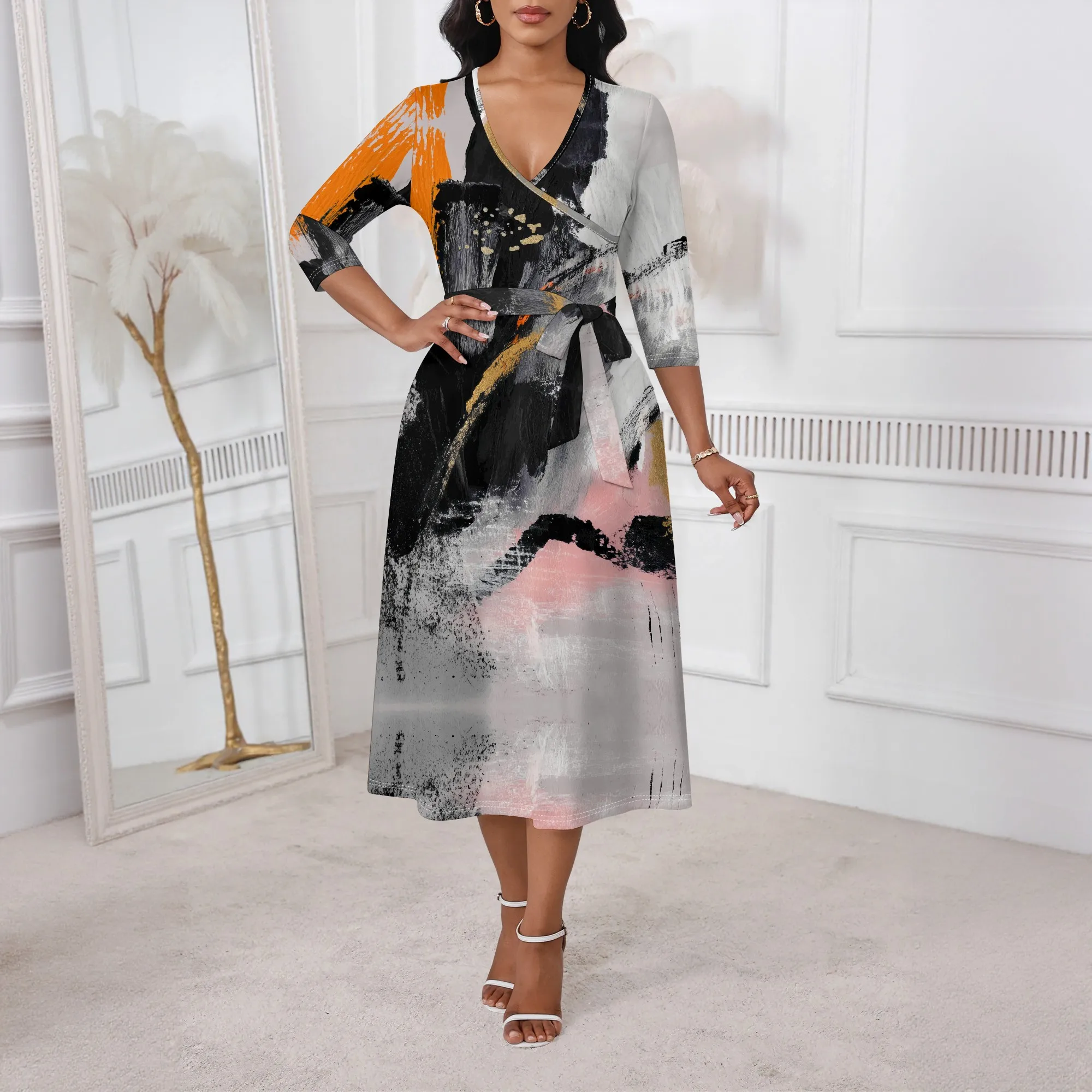 Abstract Brushstroke Wrap Dress XS-3XL V-Neck Belted A-Line with 3/4 Sleeve for Art Gallery, Brunch Party or Urban Chic Look
Abstract Brushstroke Wrap Dress XS-3XL V-Neck Belted A-Line with 3/4 Sleeve for Art Gallery, Brunch Party or Urban Chic Look