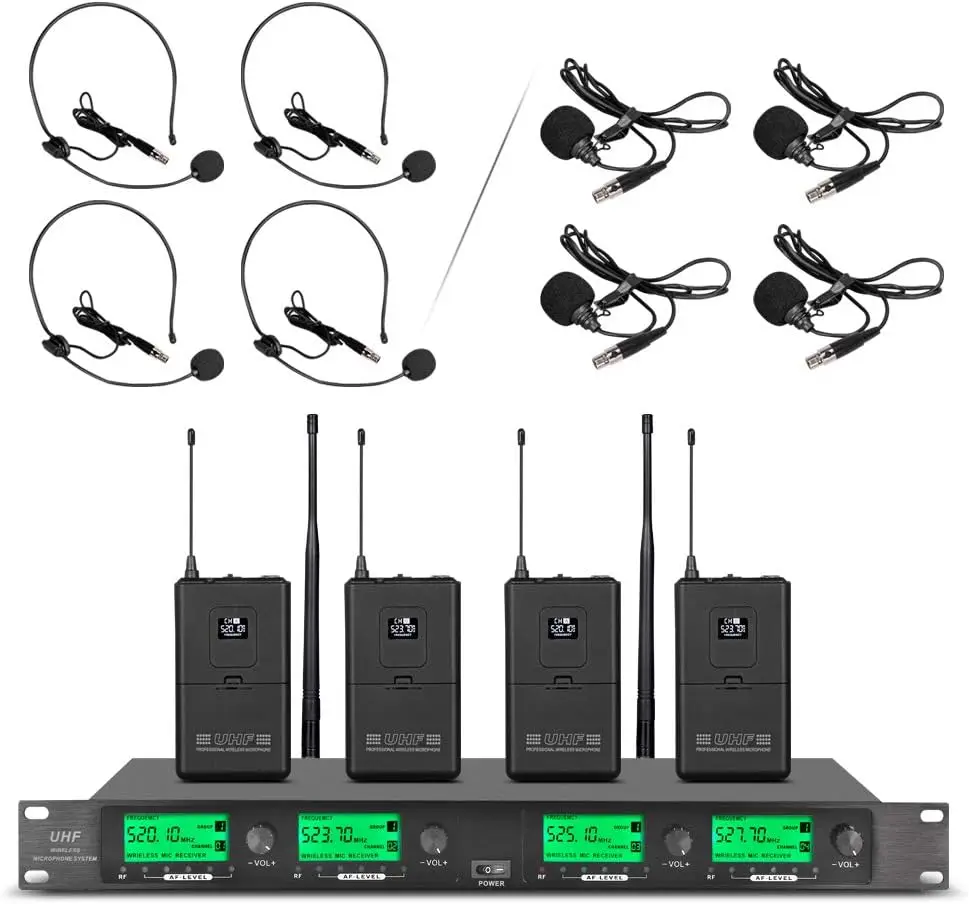 UHF 4-Channel Wireless Microphone System with 4 Lavalier & Headset Mics for Church, Conference, Wedding, Karaoke
UHF 4-Channel Wireless Microphone System with 4 Lavalier & Headset Mics for Church, Conference, Wedding, Karaoke