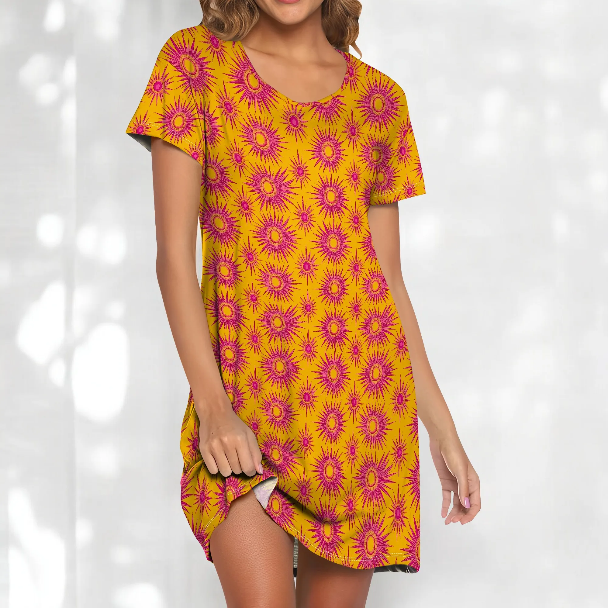 Afrocentric Sunburst Print Dress S-3XL Yellow & Pink T-Shirt Dress for African American Festival Look
Afrocentric Sunburst Print Dress S-3XL Yellow & Pink T-Shirt Dress for African American Festival Look