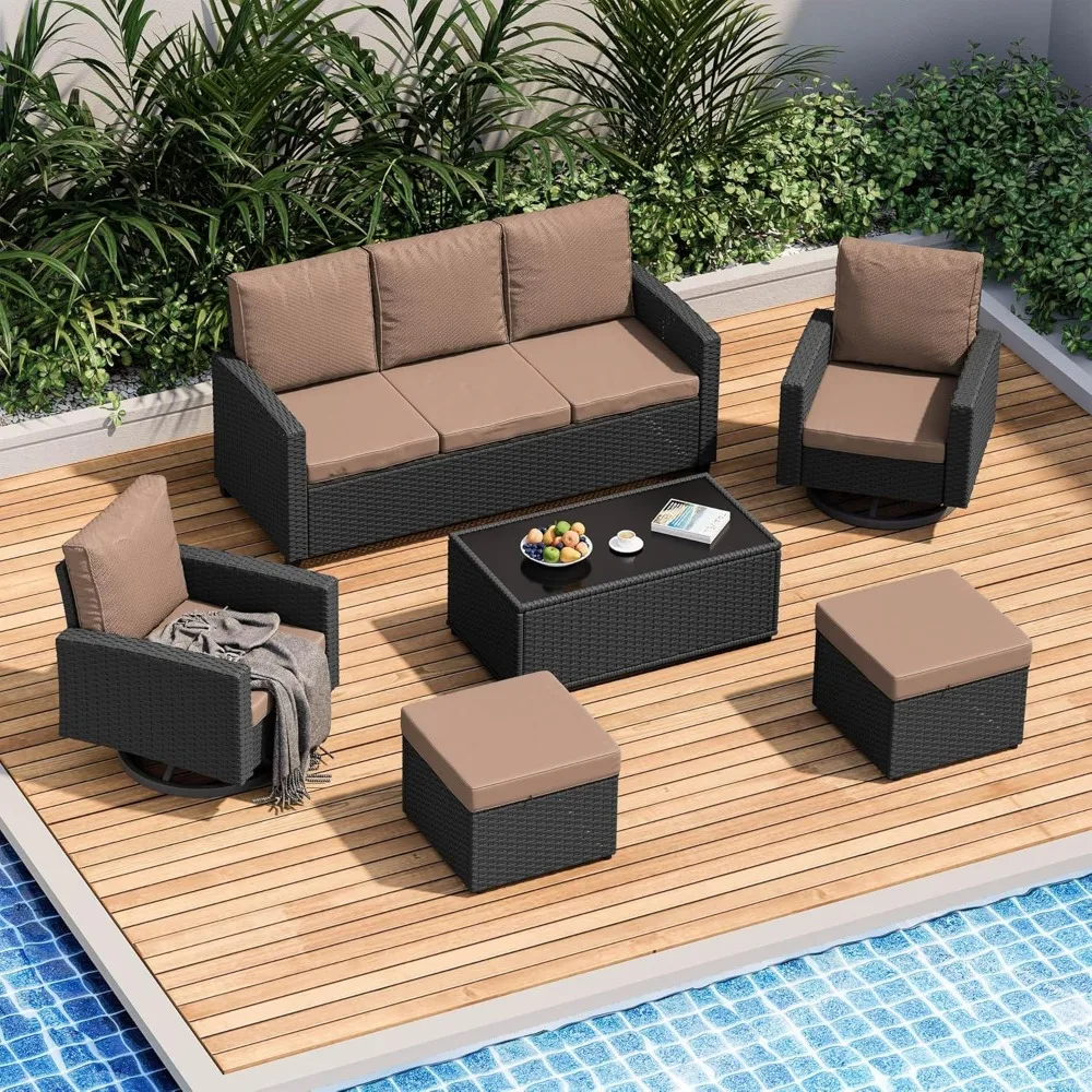 6 Piece Outdoor Patio Furniture Set, Outdoor Wicker Rattan Sofa with Swivel Chairs, Ottomans, Comfy Cushions, Coffee Table, All
6 Piece Outdoor Patio Furniture Set, Outdoor Wicker Rattan Sofa with Swivel Chairs, Ottomans, Comfy Cushions, Coffee Table, All