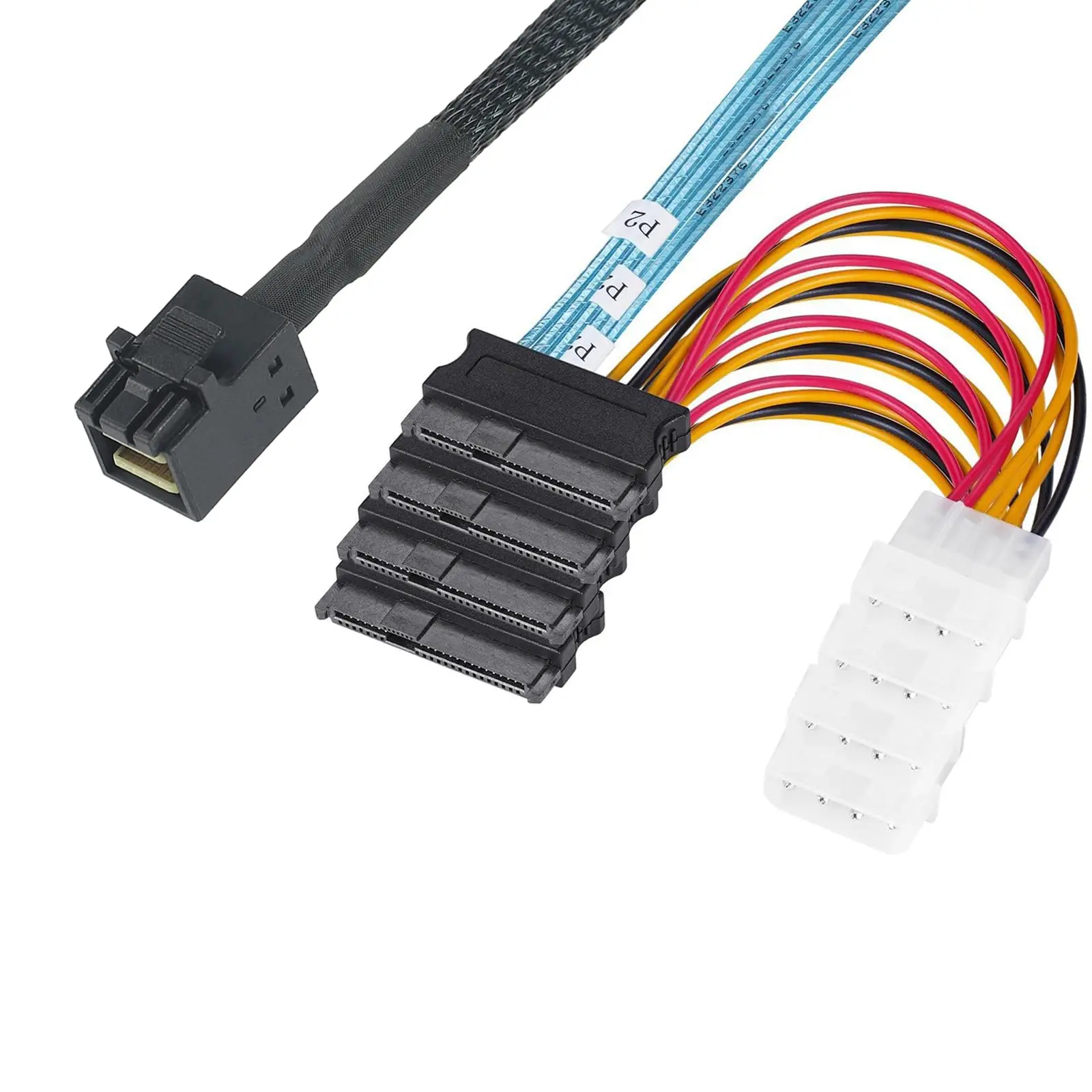 Internal Mini SAS HD SFF-8643 to (4) 29pin SFF-8482 connectors with big 4P Power Port Cable
Internal Mini SAS HD SFF-8643 to (4) 29pin SFF-8482 connectors with big 4P Power Port Cable