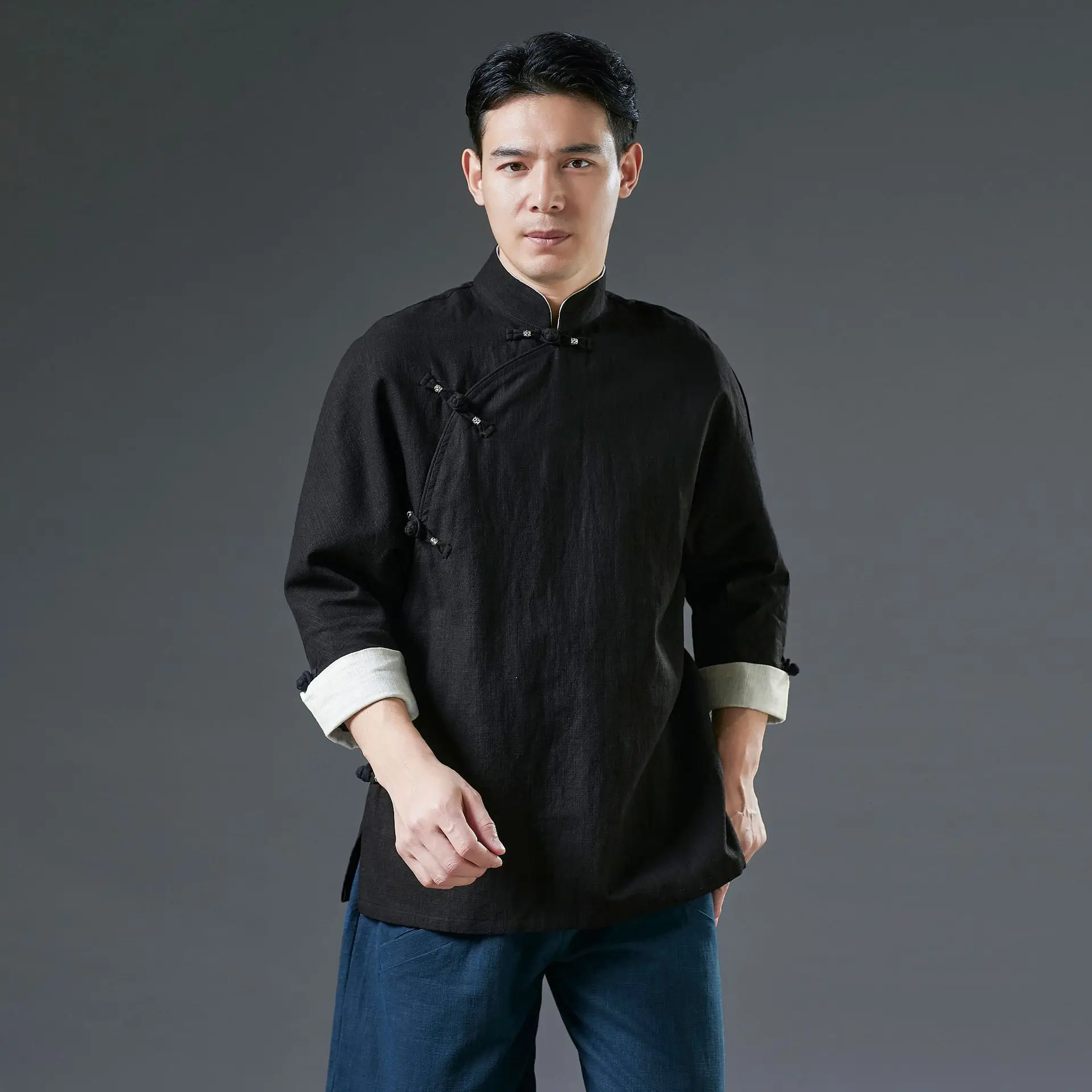 Chinese Style Color Matching Spring Youth Men's Suit Silver Rolled Sleeves Clothes Diagonal Ramie Button Stand Collar Top
Chinese Style Color Matching Spring Youth Men's Suit Silver Rolled Sleeves Clothes Diagonal Ramie Button Stand Collar Top