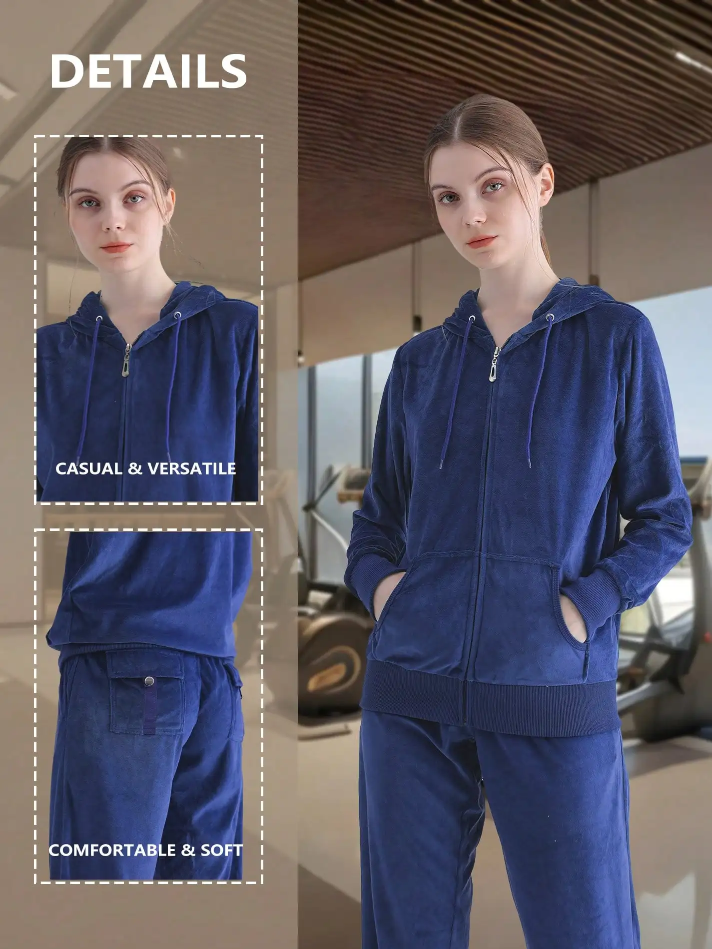 Женский комплект из синей бархатной толстовки на молнии и брюк
Женский комплект из синей бархатной толстовки на молнии и брюк