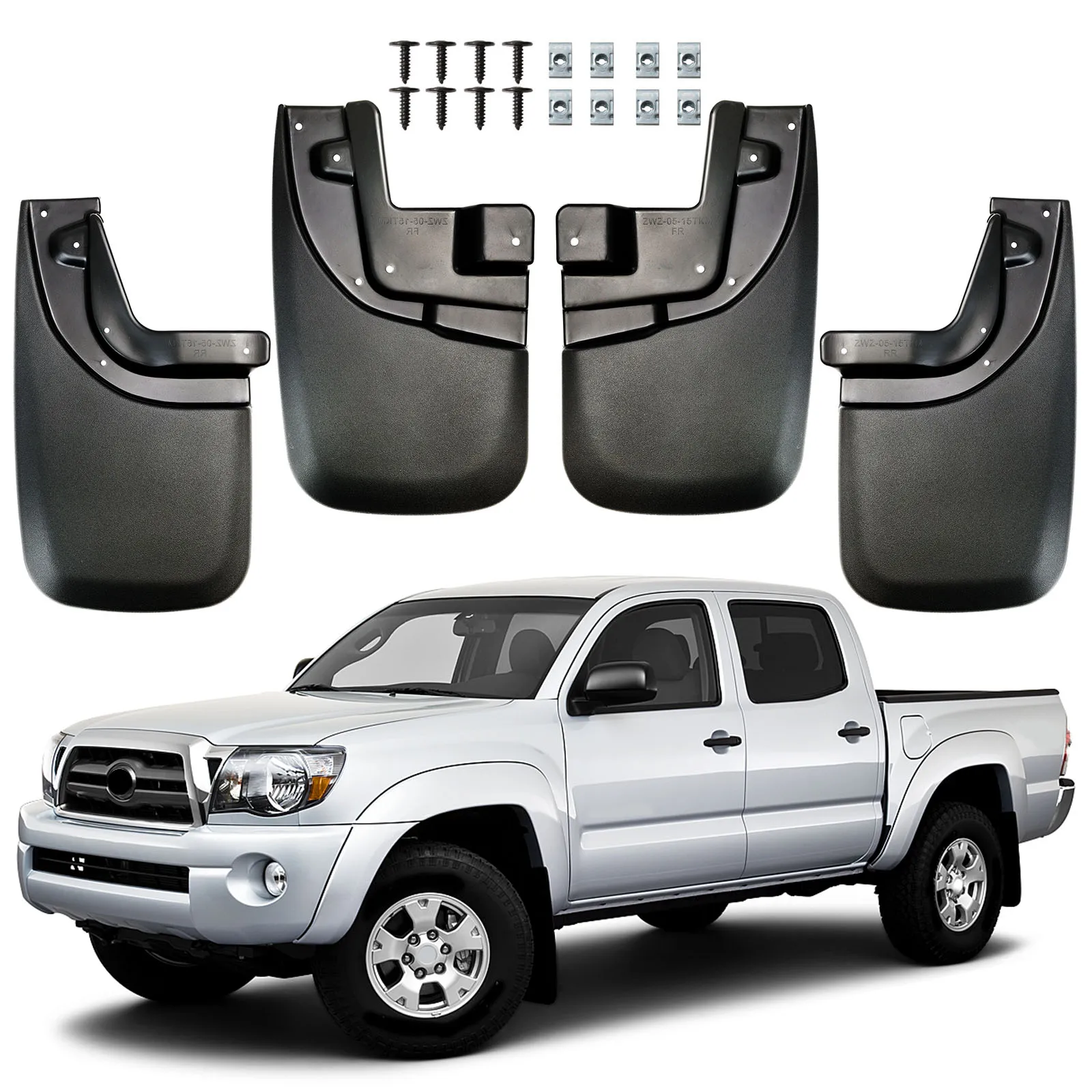 Комплект из 4 брызговиков (передние и задние) для Toyota Tacoma 2-го поколения 2005-2015 гг.
Комплект из 4 брызговиков (передние и задние) для Toyota Tacoma 2-го поколения 2005-2015 гг.
