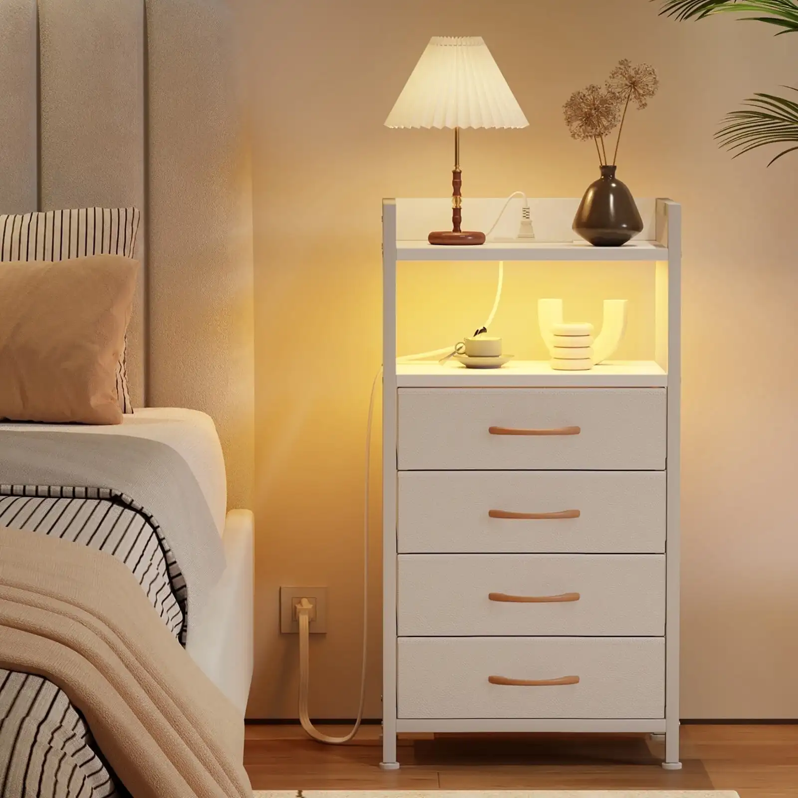 Dresser Bedside Table with Charging Station, 4 Drawer Nightstand for Bedroom Furniture, White, Modern Style, Adults
Dresser Bedside Table with Charging Station, 4 Drawer Nightstand for Bedroom Furniture, White, Modern Style, Adults