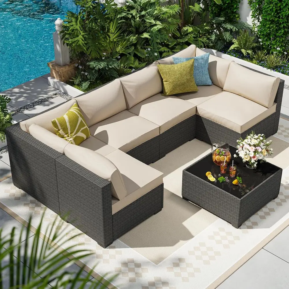 7-Piece Outdoor Patio Sectional Furniture Set with Rattan Wicker and Water-Resistant Cushions, Black/Beige
7-Piece Outdoor Patio Sectional Furniture Set with Rattan Wicker and Water-Resistant Cushions, Black/Beige