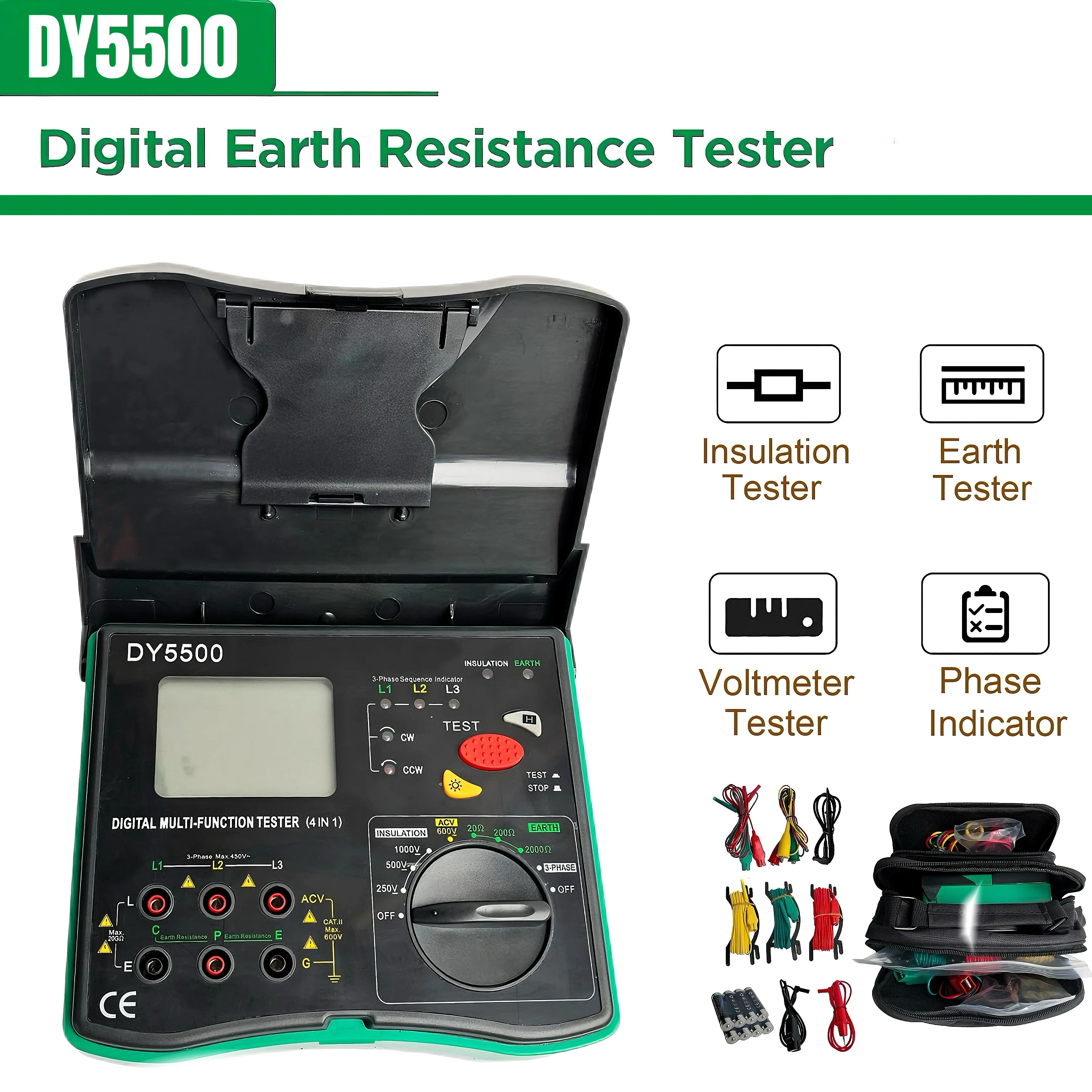 DY5500 4-in-1 Digital Multimeter-Ground Resistance Tester, Insulation Tester, Phase Sequence Detector & Voltmeter
DY5500 4-in-1 Digital Multimeter-Ground Resistance Tester, Insulation Tester, Phase Sequence Detector & Voltmeter
