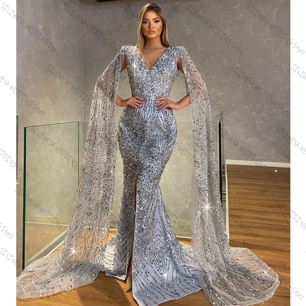 Sparkly Mermaid Prom Dresses V Neck Cap Sleeves Sequins Beaded Appliques Front Slit Custom Made Gown
Sparkly Mermaid Prom Dresses V Neck Cap Sleeves Sequins Beaded Appliques Front Slit Custom Made Gown