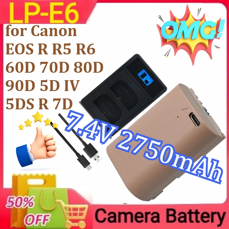 LP-E6 LP-E6N Camera Battery Type-C Input for Canon EOS R R5 R6 60D 70D 80D 90D 5D IV 5DS R 7D Mark NEW 7.4V 2750mAh
LP-E6 LP-E6N Camera Battery Type-C Input for Canon EOS R R5 R6 60D 70D 80D 90D 5D IV 5DS R 7D Mark NEW 7.4V 2750mAh