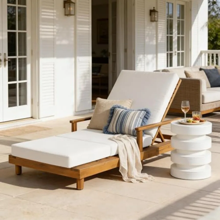Acacia Wood Outdoor Chaise Lounge Chair with 3-Position Adjustable Backrest and 4" Thick 3-Fold Removable Cushion, 76.8" L Mode
Acacia Wood Outdoor Chaise Lounge Chair with 3-Position Adjustable Backrest and 4" Thick 3-Fold Removable Cushion, 76.8" L Mode