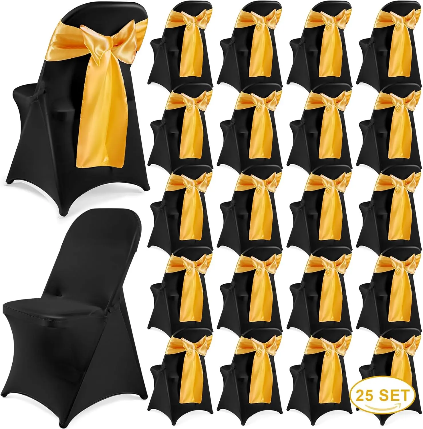 50 Pcs Folding Chair Cover Set with Stretch Spandex Slipcovers and Satin Sashes Bows for Wedding Party (Black, Gold)
50 Pcs Folding Chair Cover Set with Stretch Spandex Slipcovers and Satin Sashes Bows for Wedding Party (Black, Gold)