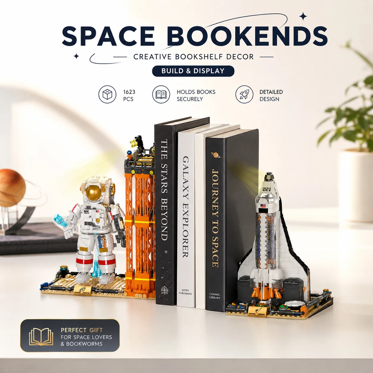 Space Bookends Building Blocks Set 1623PCS Astronaut Rocket Shuttle Launch Tower Bookshelf Display Toy English Version
Space Bookends Building Blocks Set 1623PCS Astronaut Rocket Shuttle Launch Tower Bookshelf Display Toy English Version