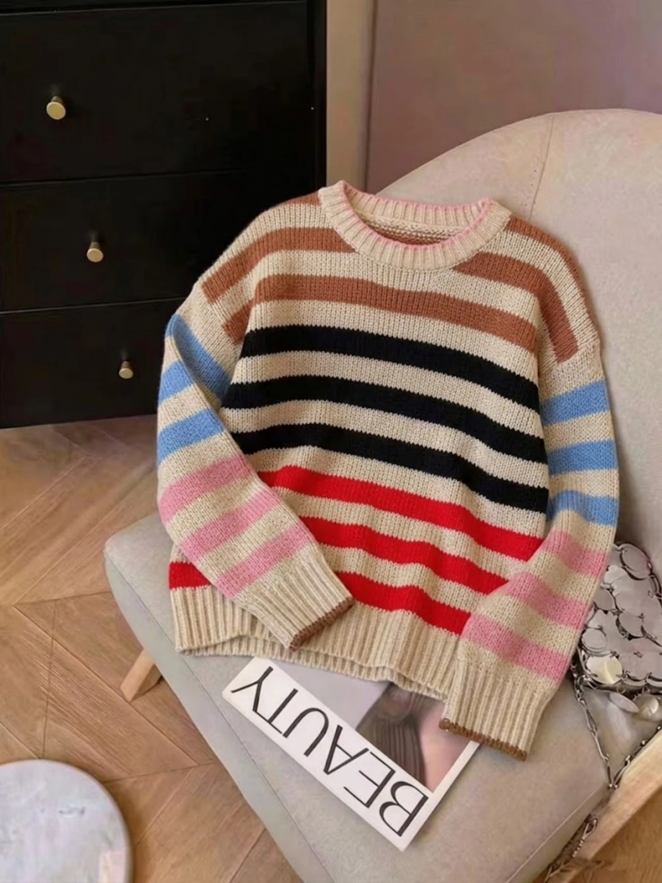 Loose Drop Shoulder Striped Knit Pullover Crew Neck Slimming Colorful Sweater Fall Winter Versatile Women Top
Loose Drop Shoulder Striped Knit Pullover Crew Neck Slimming Colorful Sweater Fall Winter Versatile Women Top