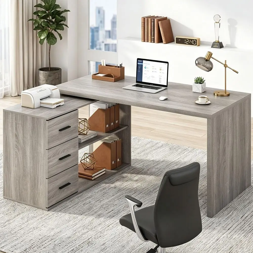55 Grey Oak L-Shaped Desk with Storage Shelves, Ideal for Home Office or Study
55 Grey Oak L-Shaped Desk with Storage Shelves, Ideal for Home Office or Study