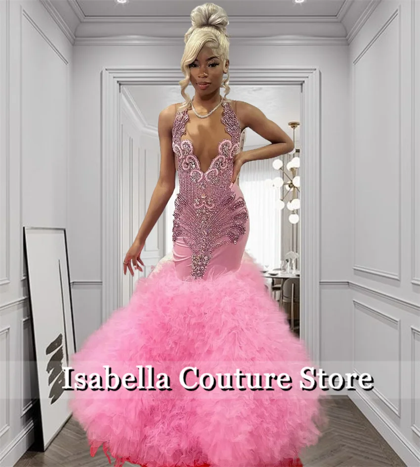 Glitter Pink Ruffles Tiered Mermaid Prom Dresses Sparkly Crystal Evening Gown Luxury O-Neck Birthday Robe Customized
Glitter Pink Ruffles Tiered Mermaid Prom Dresses Sparkly Crystal Evening Gown Luxury O-Neck Birthday Robe Customized